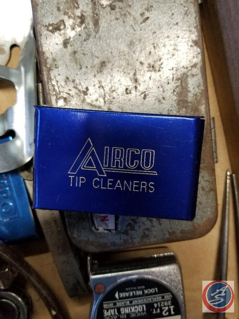 Flat of assorted hand tools, Craftsman socket set, Airco tip cleaners, Craftsman 8 pc. wrench set,