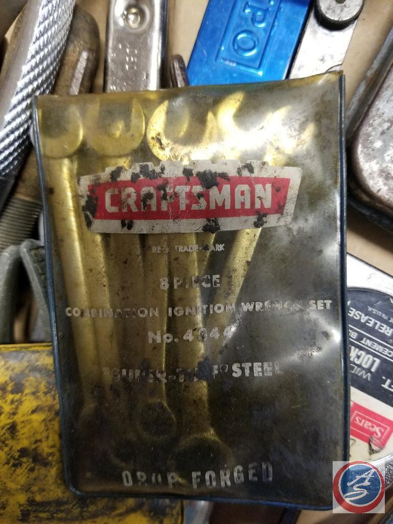 Flat of assorted hand tools, Craftsman socket set, Airco tip cleaners, Craftsman 8 pc. wrench set,