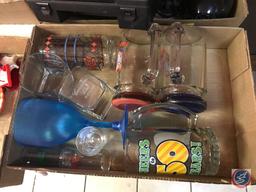 4 boxes, cookie cutter, dog grooming tools, Wahl clipper, asst glasses, ball quart jars