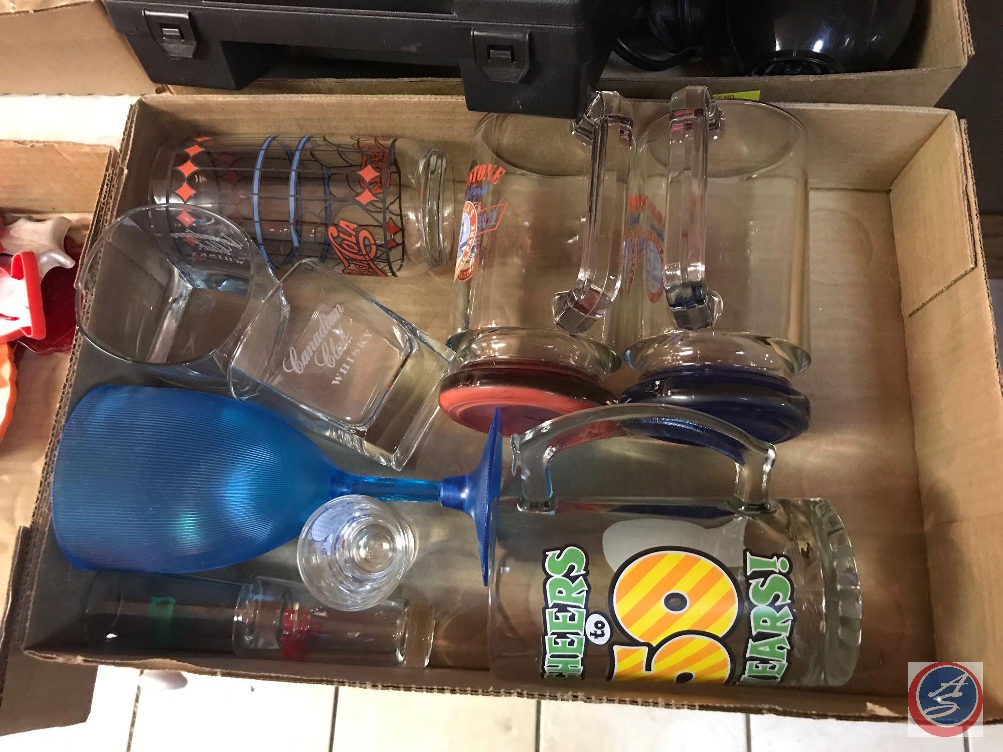 4 boxes, cookie cutter, dog grooming tools, Wahl clipper, asst glasses, ball quart jars