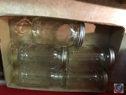4 boxes, cookie cutter, dog grooming tools, Wahl clipper, asst glasses, ball quart jars