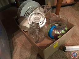 Box containing (3) plastic pitchers, and white plastic plates and bowls