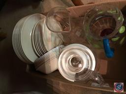 Box containing (3) plastic pitchers, and white plastic plates and bowls