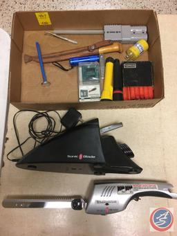 (3) flats containing sonic blade sharpener, Dixon metal pencils, Luma Pro 100 watt light bulb,