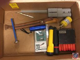 (3) flats containing sonic blade sharpener, Dixon metal pencils, Luma Pro 100 watt light bulb,