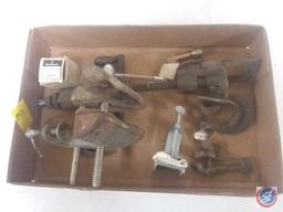 Flat containing Shaler antique cast iron tire patch clamp, Stanley and Turner tools and more