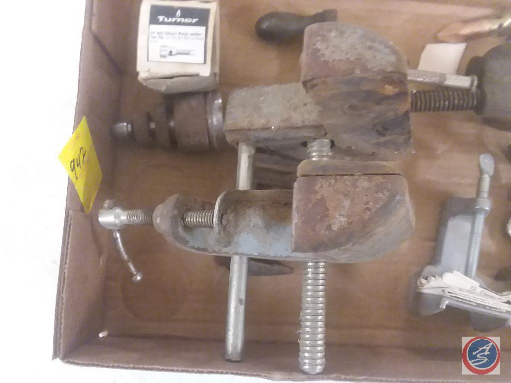 Flat containing Shaler antique cast iron tire patch clamp, Stanley and Turner tools and more