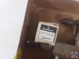 Flat containing Shaler antique cast iron tire patch clamp, Stanley and Turner tools and more