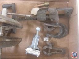 Flat containing Shaler antique cast iron tire patch clamp, Stanley and Turner tools and more