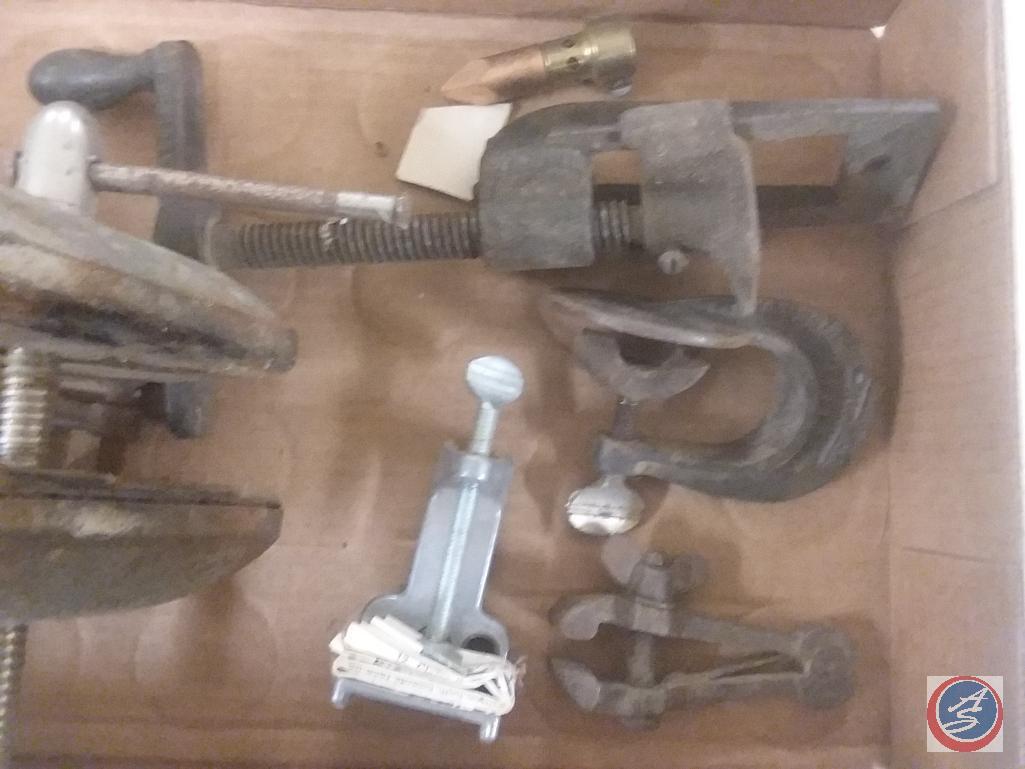 Flat containing Shaler antique cast iron tire patch clamp, Stanley and Turner tools and more