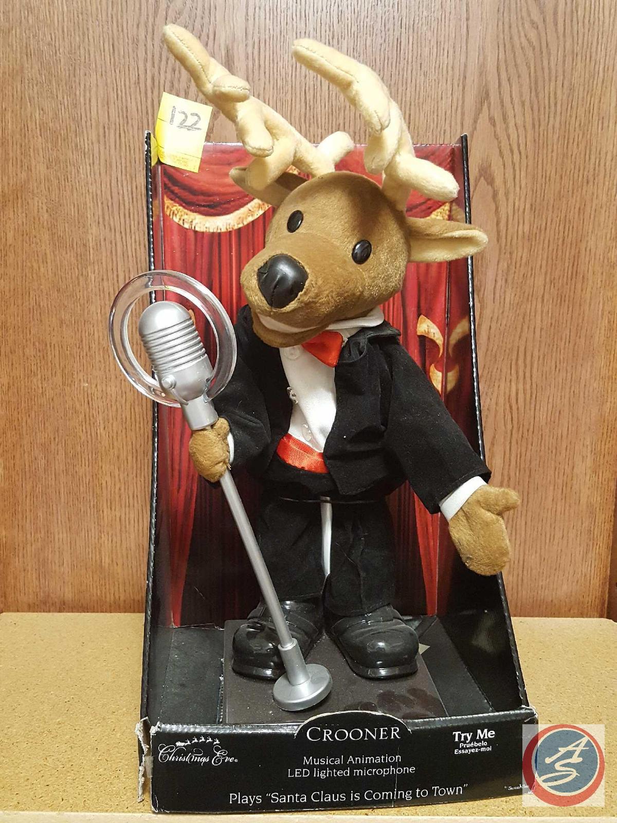 Crooner musical animation LED lighted microphone reindeer- plays "Santa Claus is Coming to Town"