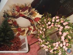 Basket containing small artificial fiber optic tree on lighted stand, 6' strand of beaded garland,