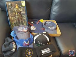 Assorted Republican hats and polo shirt, Flite Force Aviator George W. Bush action figure in box