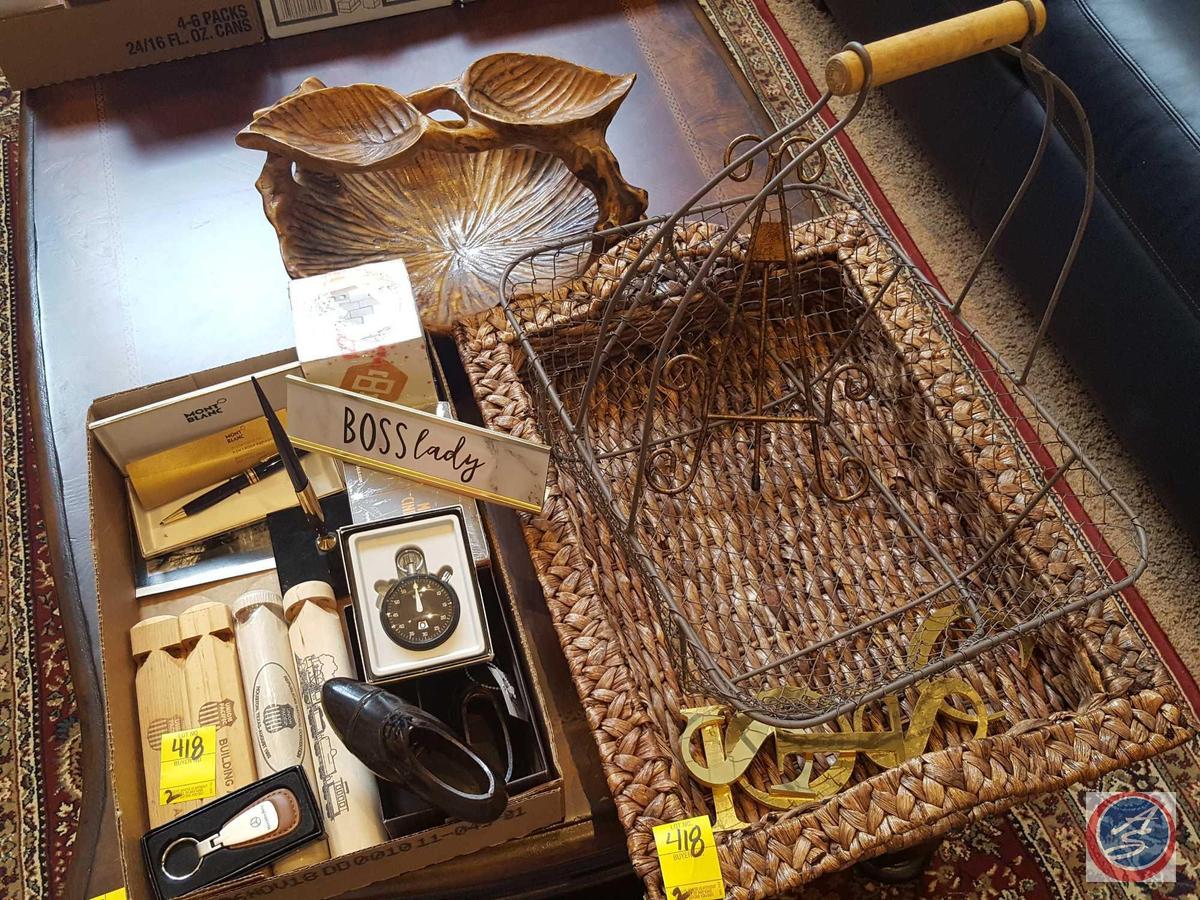 Decorative basket tray, decorative wire basket, wooden 2 tier display, pair of wing tip shoe