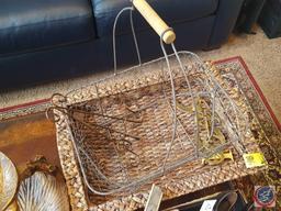 Decorative basket tray, decorative wire basket, wooden 2 tier display, pair of wing tip shoe