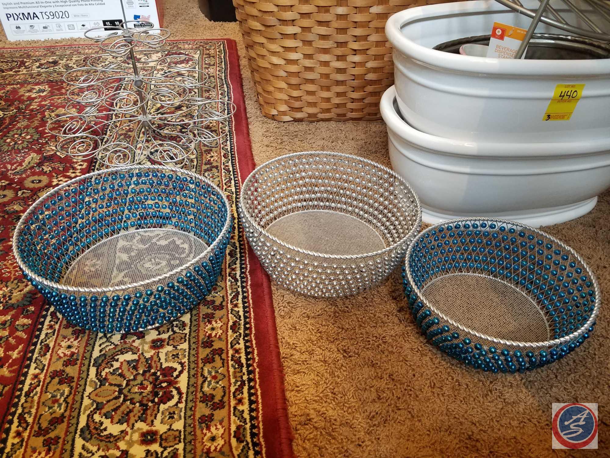(2) ceramic pots, (5) metal and wood decorative display containers, beverage dispenser stand, (3)