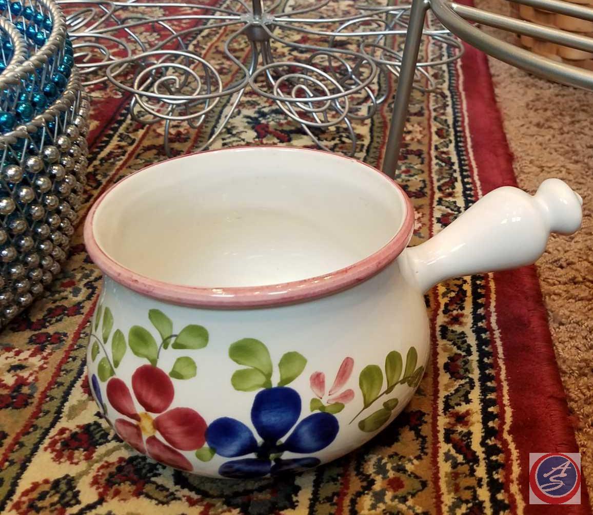 (2) ceramic pots, (5) metal and wood decorative display containers, beverage dispenser stand, (3)