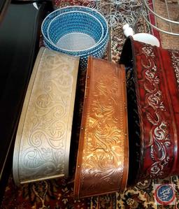 (2) ceramic pots, (5) metal and wood decorative display containers, beverage dispenser stand, (3)
