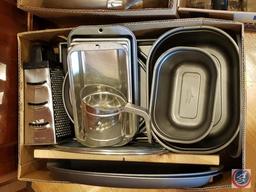(5) boxes containing misc. pots and pans (Anolon, Rival, Kobe Kitchen, Copper Chef)