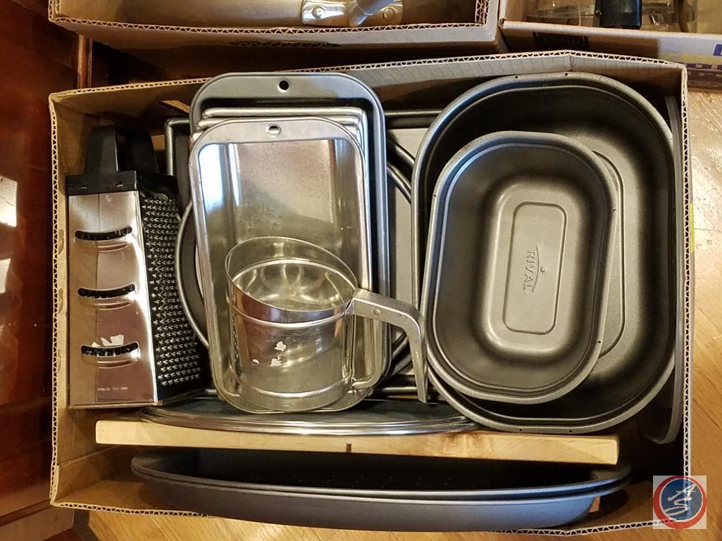 (5) boxes containing misc. pots and pans (Anolon, Rival, Kobe Kitchen, Copper Chef)