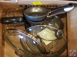 (5) boxes containing misc. pots and pans (Anolon, Rival, Kobe Kitchen, Copper Chef)