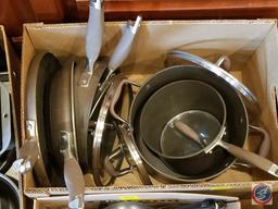 (5) boxes containing misc. pots and pans (Anolon, Rival, Kobe Kitchen, Copper Chef)