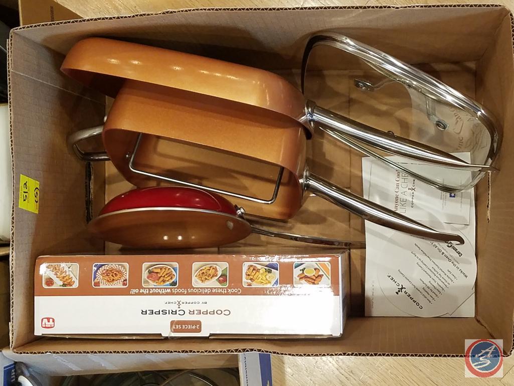 (5) boxes containing misc. pots and pans (Anolon, Rival, Kobe Kitchen, Copper Chef)