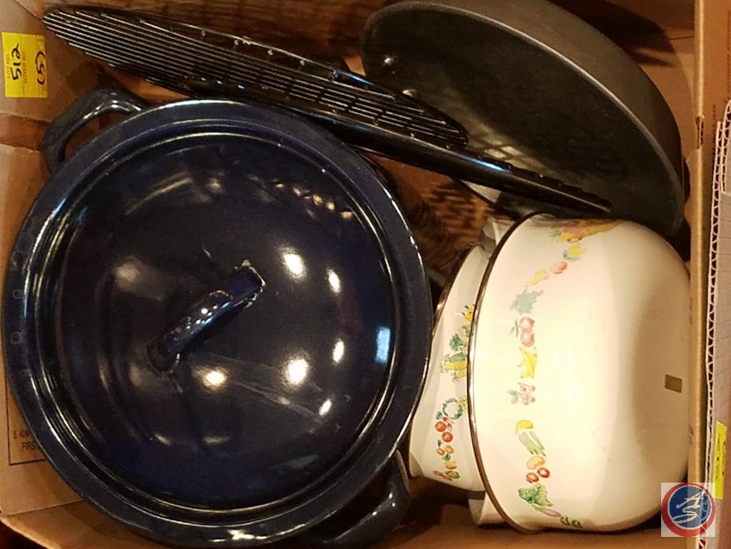 (5) boxes containing misc. pots and pans (Anolon, Rival, Kobe Kitchen, Copper Chef)