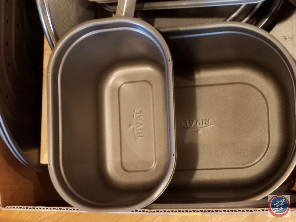 (5) boxes containing misc. pots and pans (Anolon, Rival, Kobe Kitchen, Copper Chef)