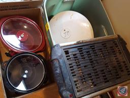 Tote containing; George Forman grilling machine (model DR30), DeLonghi tabletop grill, Rival crock