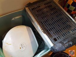 Tote containing; George Forman grilling machine (model DR30), DeLonghi tabletop grill, Rival crock