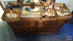 Vanity Tray with 2 Hand Held Mirrors, Mirror on Stand, Small Hanging Mirror, Assorted Jewelry, Blue