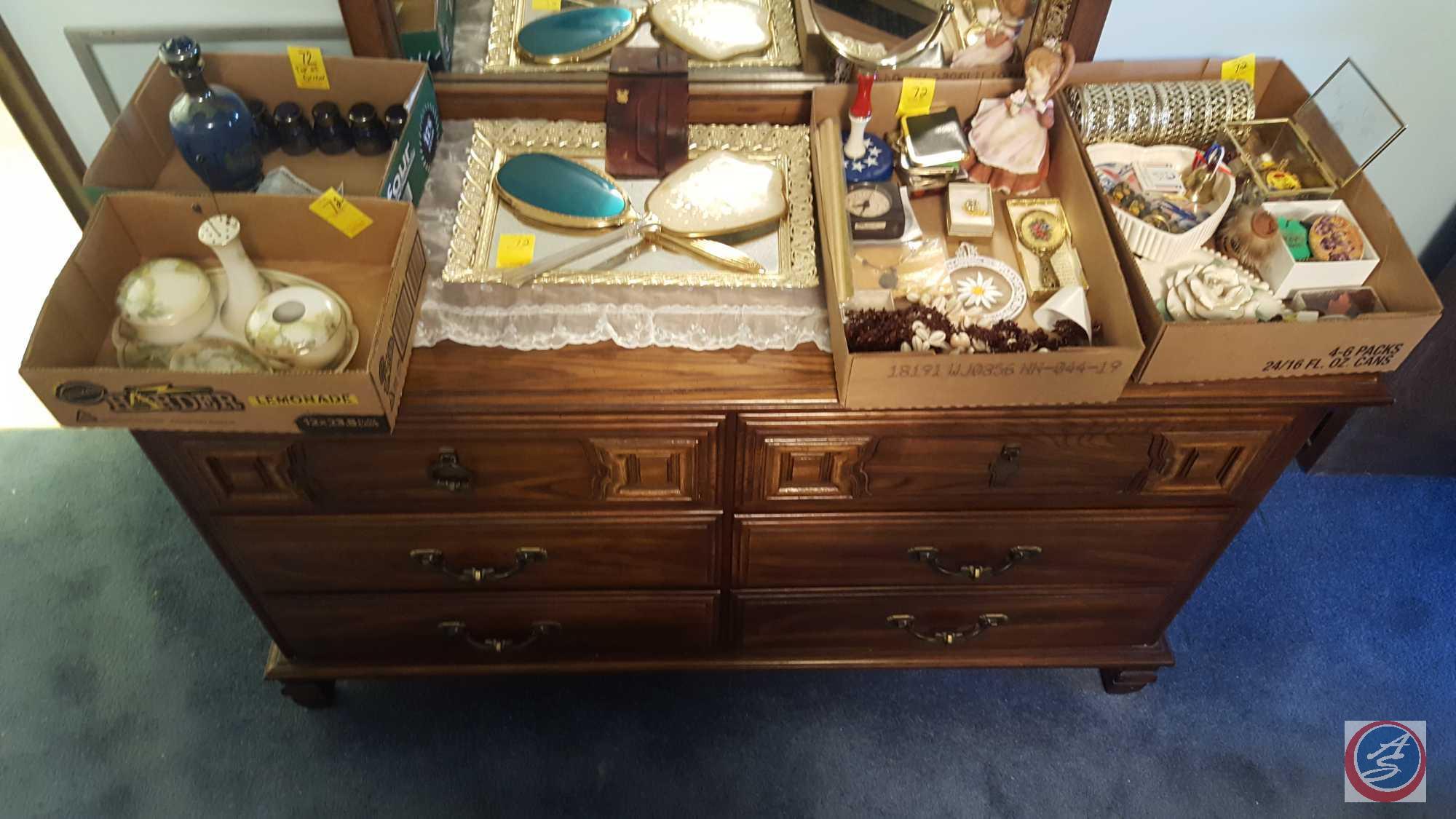 Vanity Tray with 2 Hand Held Mirrors, Mirror on Stand, Small Hanging Mirror, Assorted Jewelry, Blue
