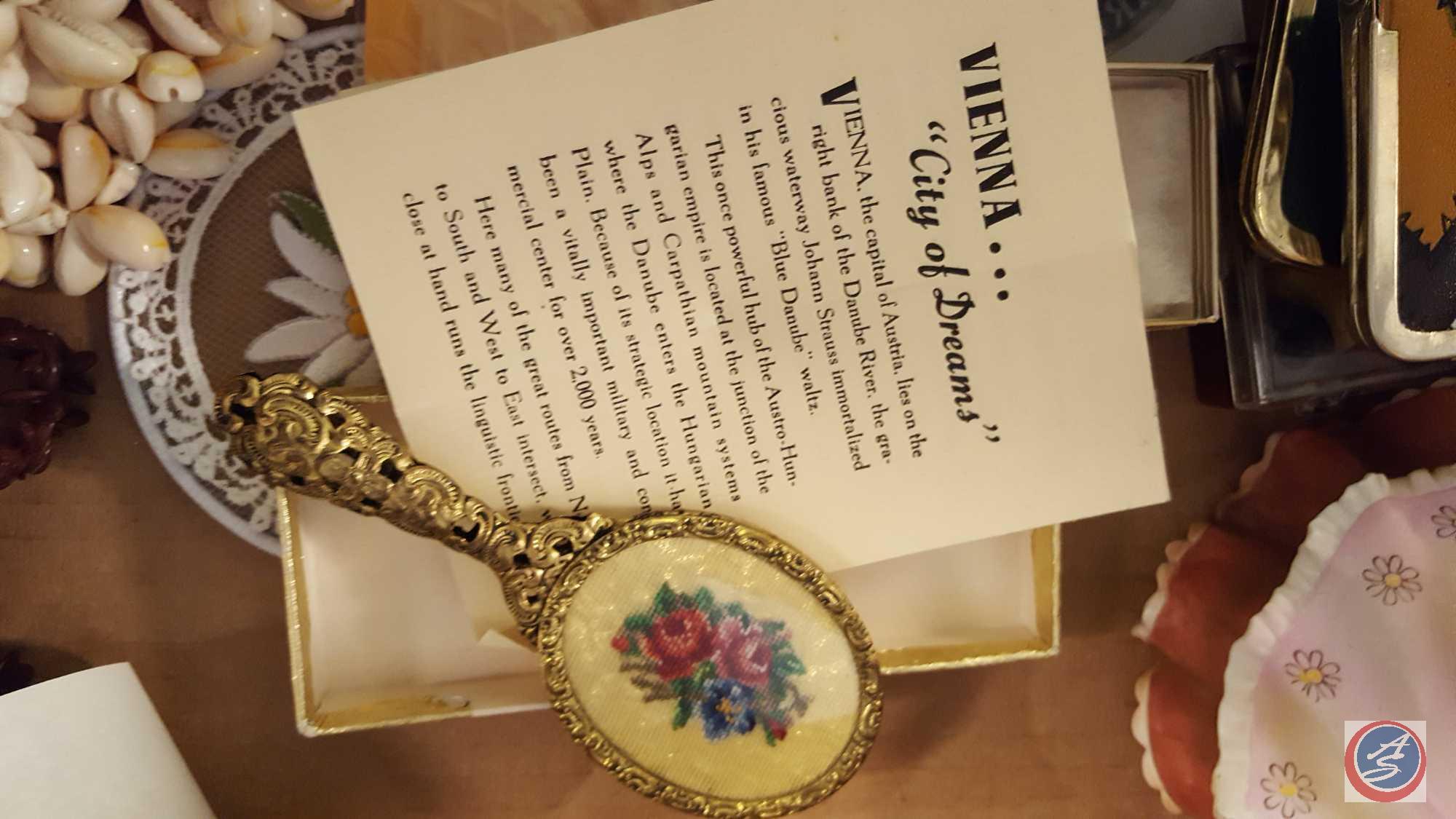 Vanity Tray with 2 Hand Held Mirrors, Mirror on Stand, Small Hanging Mirror, Assorted Jewelry, Blue