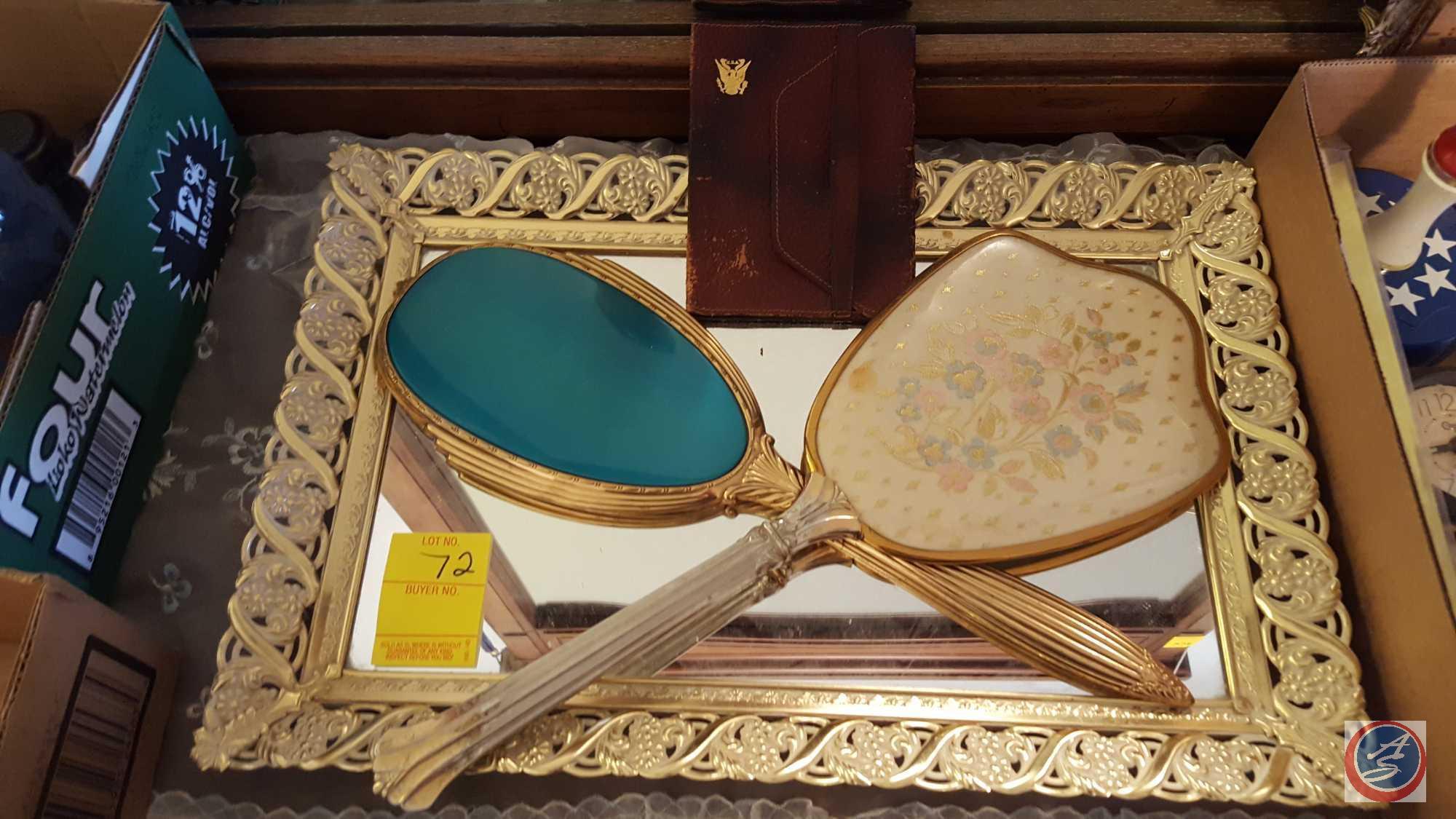 Vanity Tray with 2 Hand Held Mirrors, Mirror on Stand, Small Hanging Mirror, Assorted Jewelry, Blue