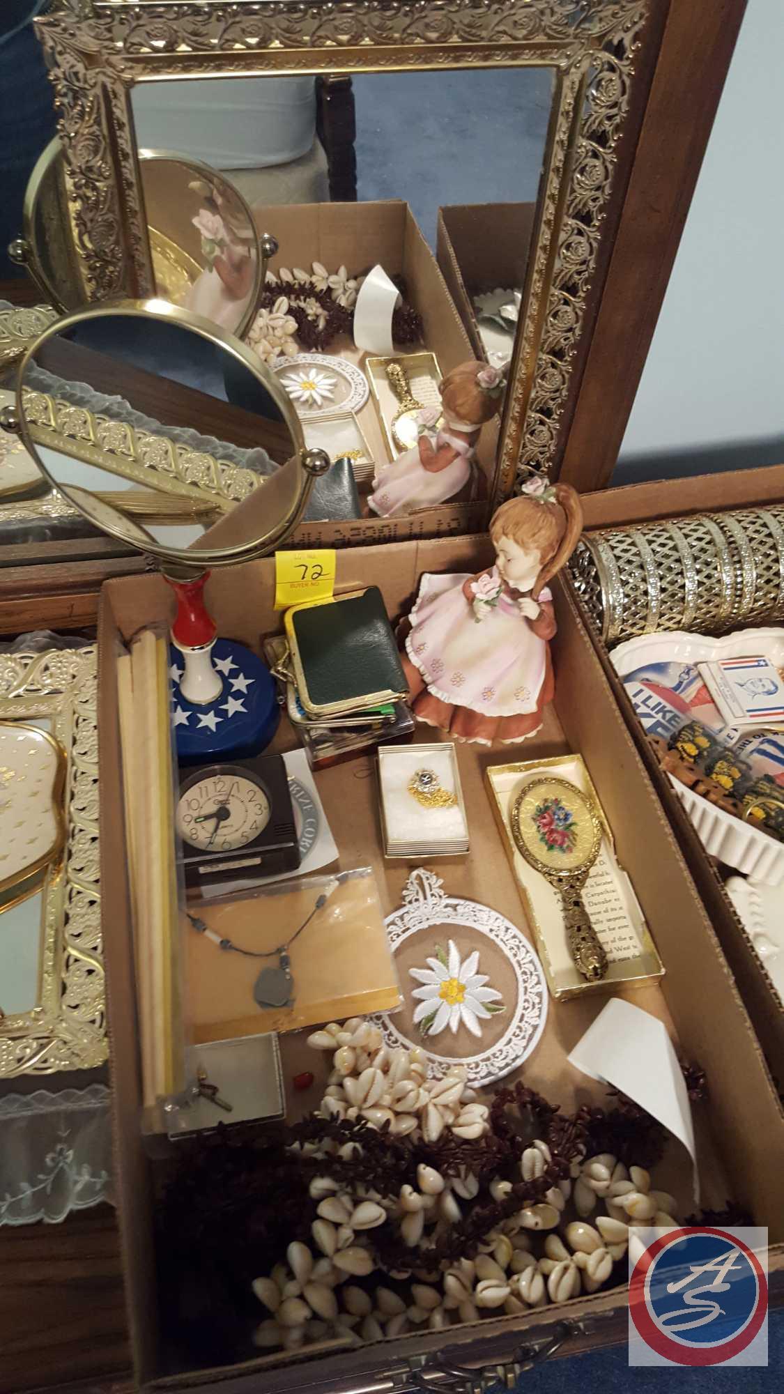 Vanity Tray with 2 Hand Held Mirrors, Mirror on Stand, Small Hanging Mirror, Assorted Jewelry, Blue