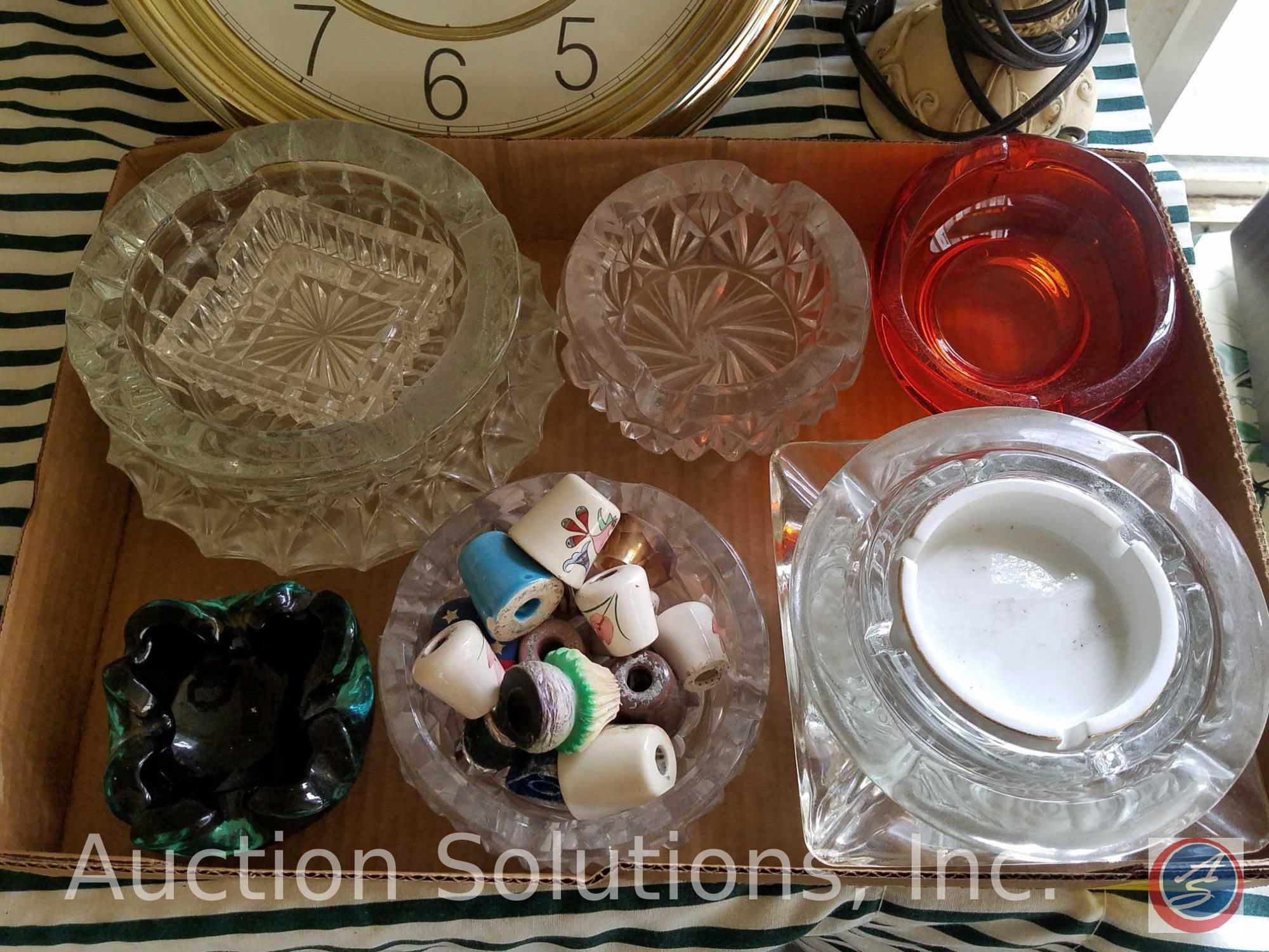 Seth Thomas Wall Quartz Clock, Lamp with Shade Model DD04977G1IVYC, Assorted Ashtrays, Cigarette