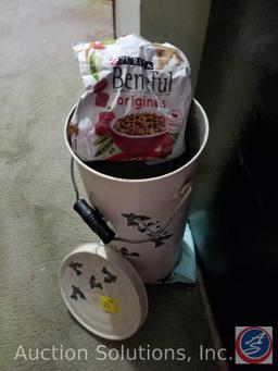 (4) TV Trays, Rustic Tall Bucket containing Dog Food