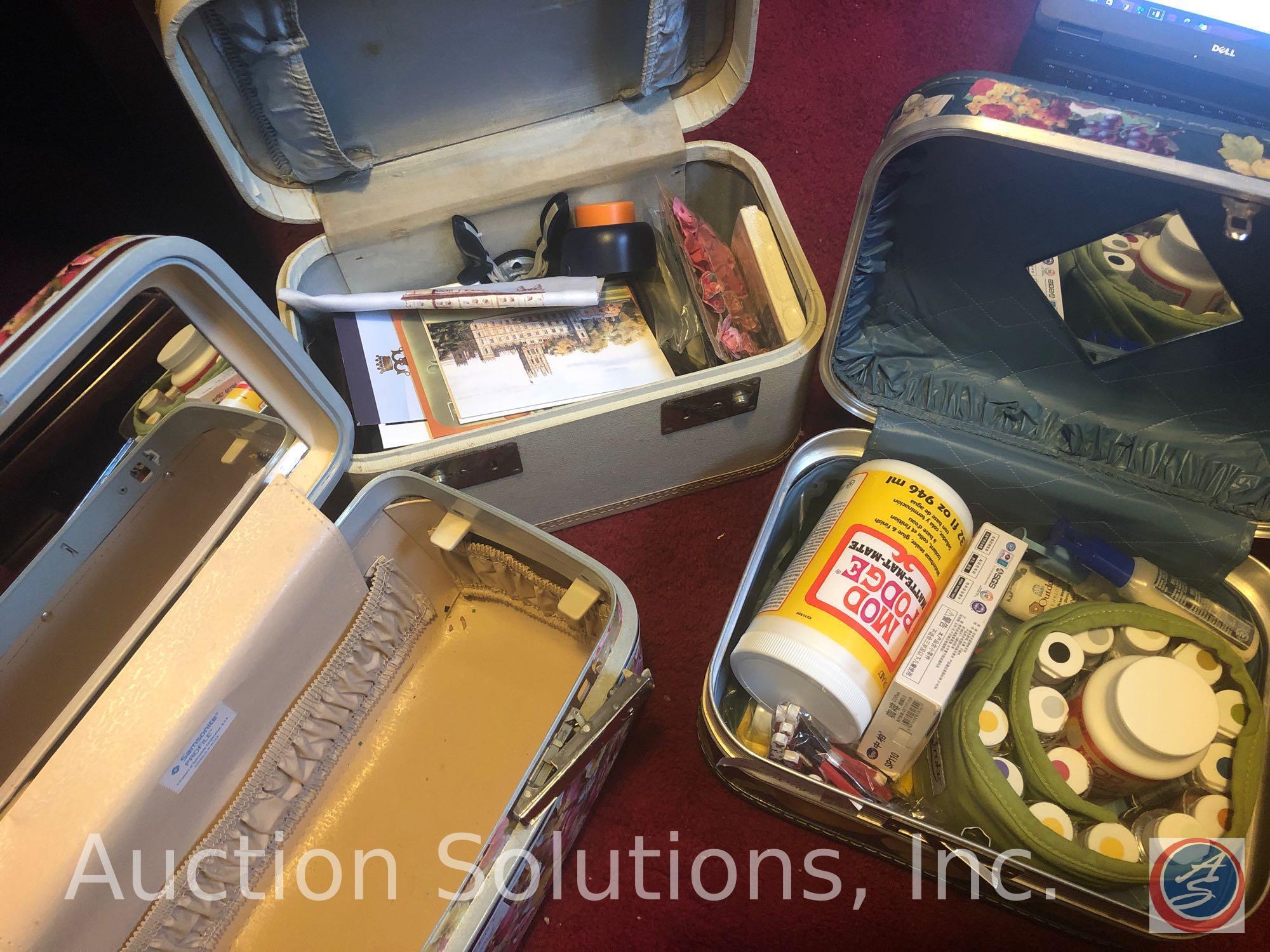 (3) Vintage Makeup Suitcases Two Filled with Assorted Scrapbooking Supplies, One is Empty