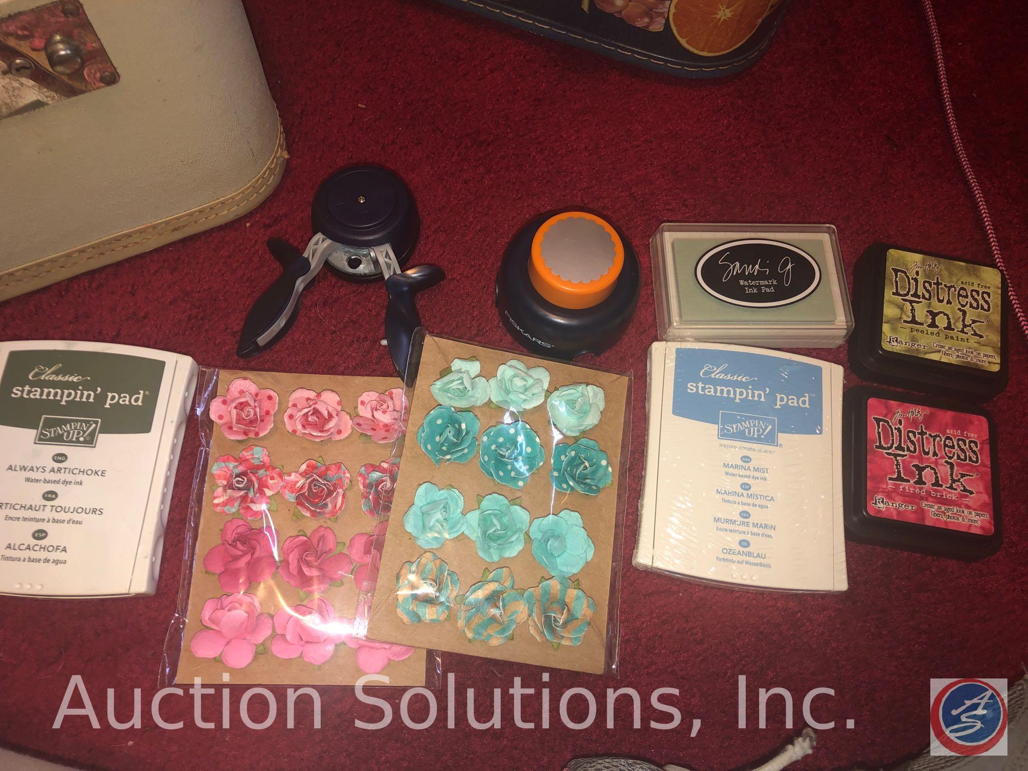 (3) Vintage Makeup Suitcases Two Filled with Assorted Scrapbooking Supplies, One is Empty