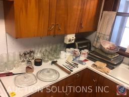 Assorted Glassware, Cookie Sheets, Black and Decker Toaster Oven and Spacemaker Can Opener