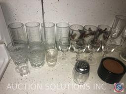 Assorted Glassware, Cookie Sheets, Black and Decker Toaster Oven and Spacemaker Can Opener