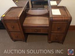 {{2XBID}} Vintage Vanity with Vanity Bench and Large Round Attached Mirror 47" x 17" x 27"; Mirror
