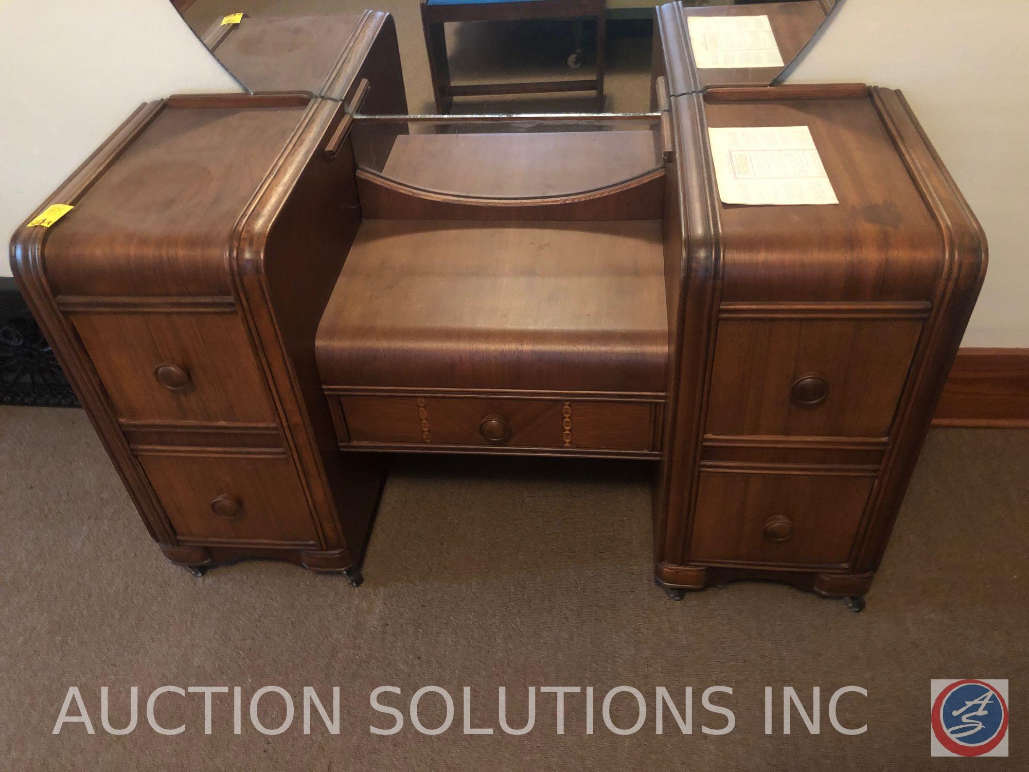 {{2XBID}} Vintage Vanity with Vanity Bench and Large Round Attached Mirror 47" x 17" x 27"; Mirror
