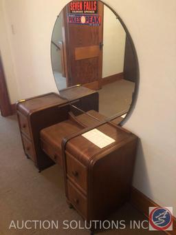 {{2XBID}} Vintage Vanity with Vanity Bench and Large Round Attached Mirror 47" x 17" x 27"; Mirror