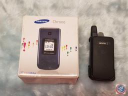 Nextel Motorola i576 Flip Phone with Belt Clip, Samsung Chrono Flip Phone in Original Box {{NO