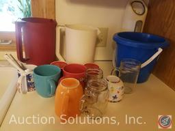 Rubbermaid Pitcher, Tupperware Pitcher, Coffee Cups, Child's Sand Bucket
