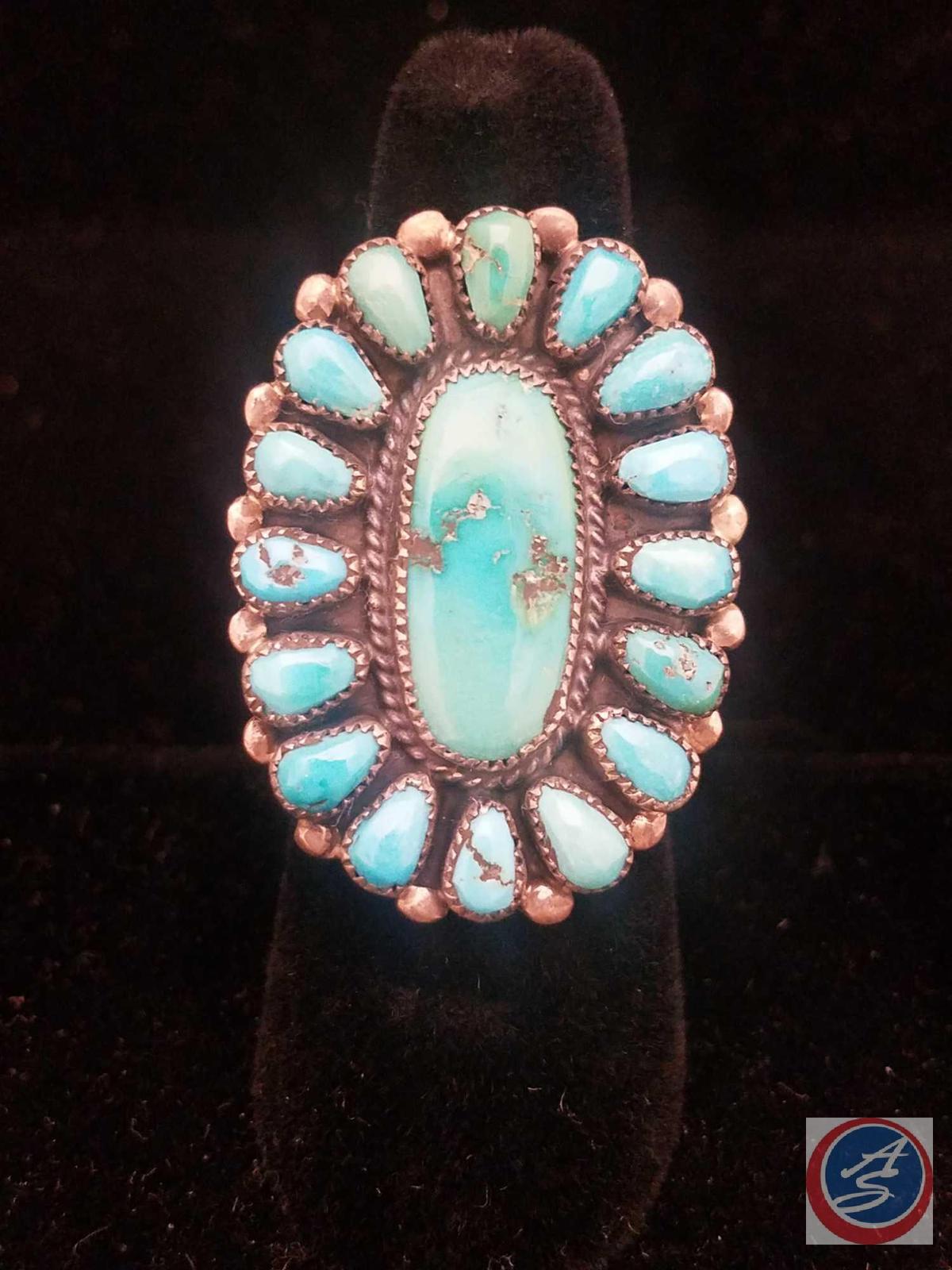 Henry T Morris* Zuni Petit Point Natural Turquoise and Silver Ring Size 7 Hallmarked 'HTM Sterling'