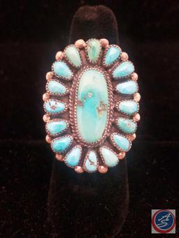 Henry T Morris* Zuni Petit Point Natural Turquoise and Silver Ring Size 7 Hallmarked 'HTM Sterling'