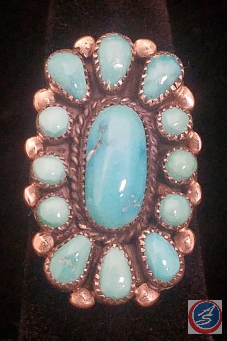 Henry T Morris* Zuni Petit Point Natural Turquoise and Silver Ring Size 7 Hallmarked 'HTM Sterling'